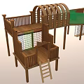 Wooden Playground Equipment With Arched Roof Elevated Platforms Ladder Netting And Green Area
