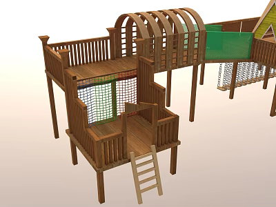 Wooden Playground Equipment With Arched Roof Elevated Platforms Ladder Netting And Green Area 3d model