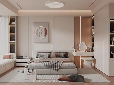 Modern Bedroom Interior Design With Comfortable Bed Dressing Table Wardrobe And Decorative Rug 3d model