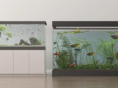 Aquarium Fish Tank With Colorful Fish Green Plants Rocks And White Cabinet 3d model