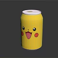 Yellow Beverage Can With Pikachu Cartoon Design Red Cheeks Open Mouth And Silver Lid