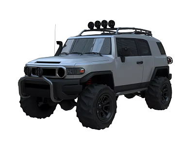 Gray Off-road Vehicle With Large Tires Roof Rack Spotlights And Front Design 3d model