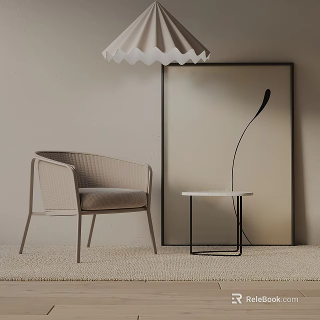 Modern Woven Leisure Chair With Light Cushion Side Table Floor Lamp Wall Art And Carpet 3d model 