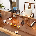 Traditional Solid Wood Tea Table and Chairs with Beige Cushions City View and Decorative Plants