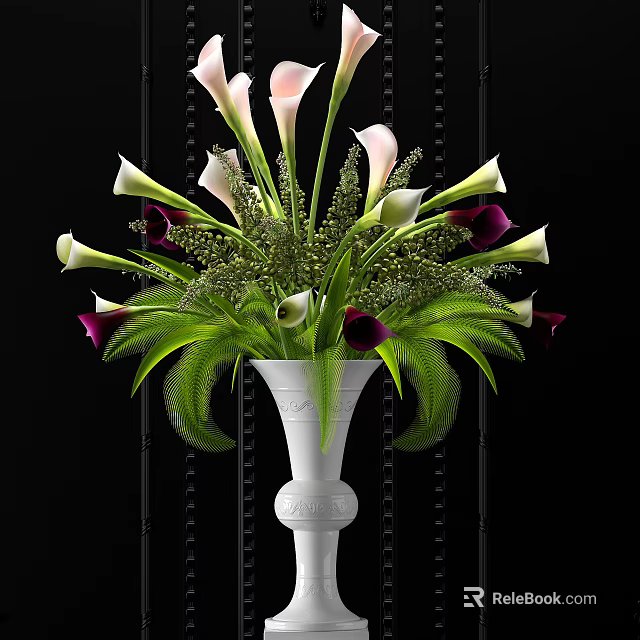 White Vase with White and Purple Calla Lilies and Green Decorative Foliage 3d model 