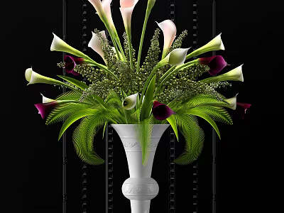 White Vase with White and Purple Calla Lilies and Green Decorative Foliage 3d model