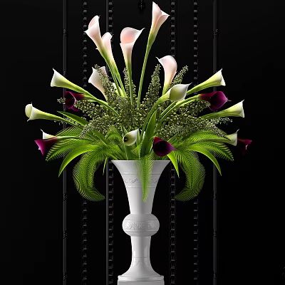White Vase with White and Purple Calla Lilies and Green Decorative Foliage 3d model