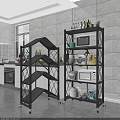 Modern Kitchen Storage Racks With Multilayer Design Wheels Microwave And Cookware On White Tile Wall 3d model