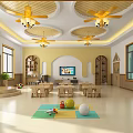 Bright Kindergarten Interior With Wooden Tables Chairs Yellow White Walls Circular Ceiling Decorations And Chandeliers