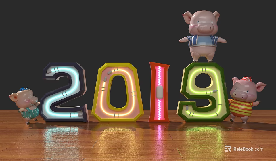 Decorative Colorful Illuminated 2019 Numbers With Pig Dolls On Wooden Floor 3d model 