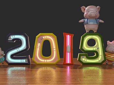 Decorative Colorful Illuminated 2019 Numbers With Pig Dolls On Wooden Floor 3d model