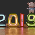 Decorative Colorful Illuminated 2019 Numbers With Pig Dolls On Wooden Floor