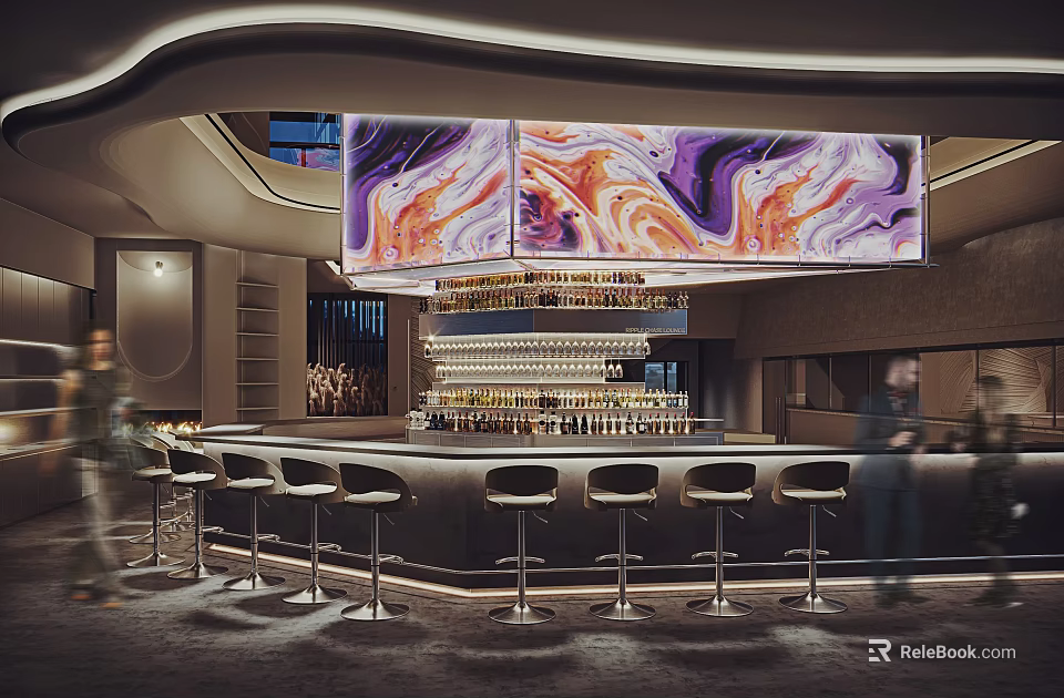 Modern Bar Interior With Stools And Colorful Artwork 3d model 