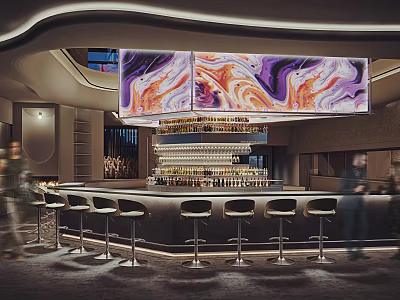 Modern Bar Interior With Stools And Colorful Artwork 3d model