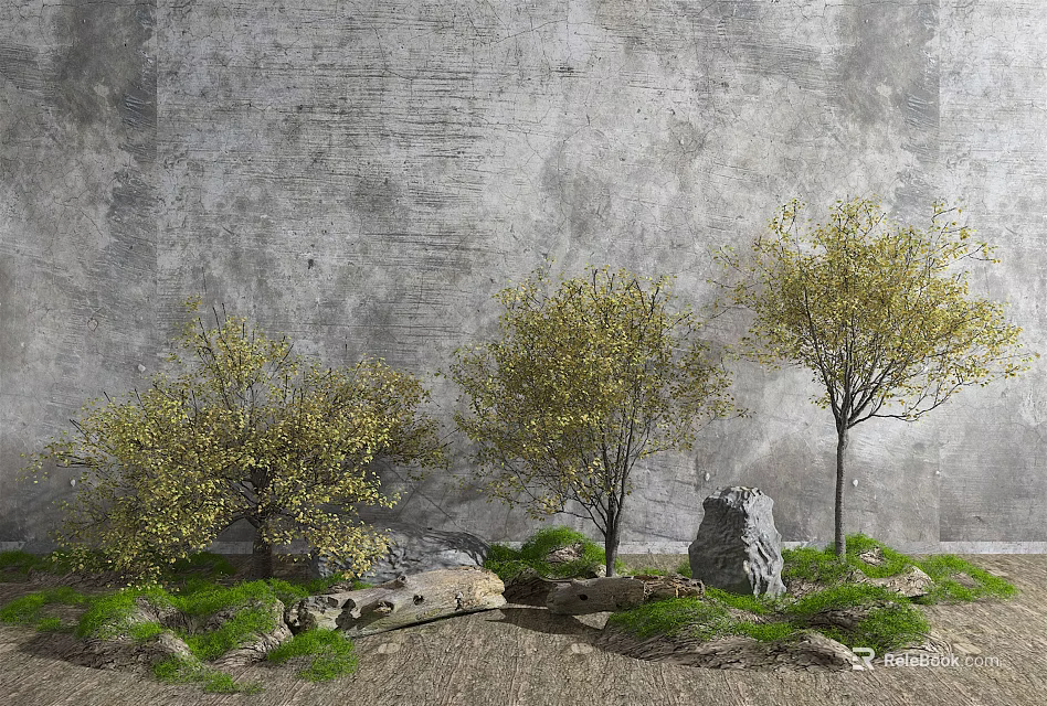 Yellowish Green Leaf Trees With Gray Wall Background Green Grass Stones And Wood Logs 3d model 