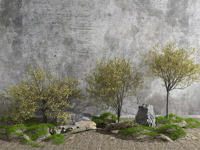 Yellowish Green Leaf Trees With Gray Wall Background Green Grass Stones And Wood Logs 3d model