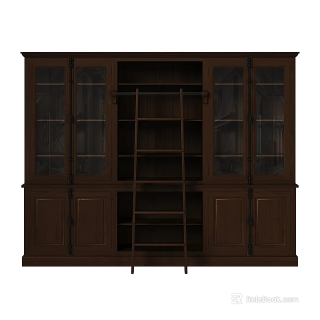 Dark Brown Wooden Display Cabinet With Glass Doors And Ladder Shelf Structure 3d model 