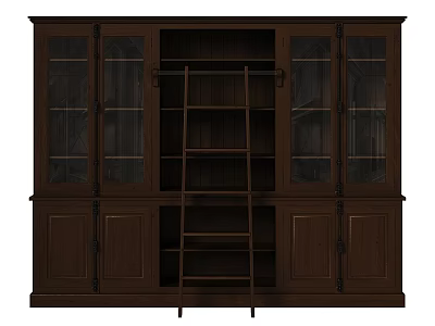 Dark Brown Wooden Display Cabinet With Glass Doors And Ladder Shelf Structure 3d model