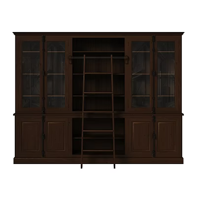 Dark Brown Wooden Display Cabinet With Glass Doors And Ladder Shelf Structure 3d model