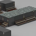 Modern Display Shelves With Black Frame Wooden Layers And Marble Top