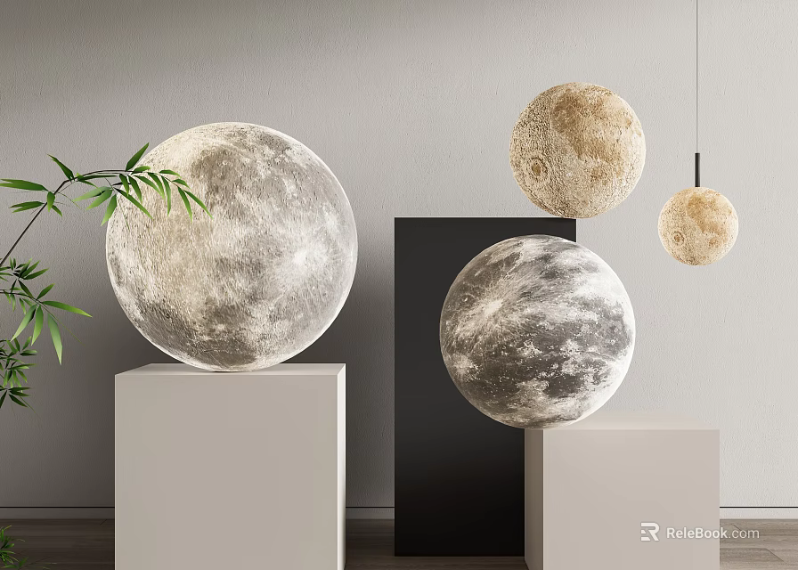 Elegant Moon Shaped Floor Lamps On Cube Bases With Green Plants Against Gray Wall 3d model 