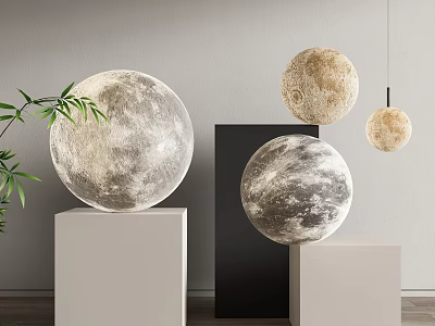 Elegant Moon Shaped Floor Lamps On Cube Bases With Green Plants Against Gray Wall 3d model