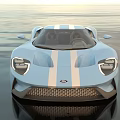 Blue Sports Car With White Racing Stripes Modern Aerodynamic Design On Shiny Reflective Surface
