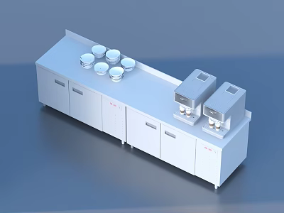 Commercial Kitchen Workstation With White Countertop Bowls Beverage Dispensers And Storage Cabinets 3d model