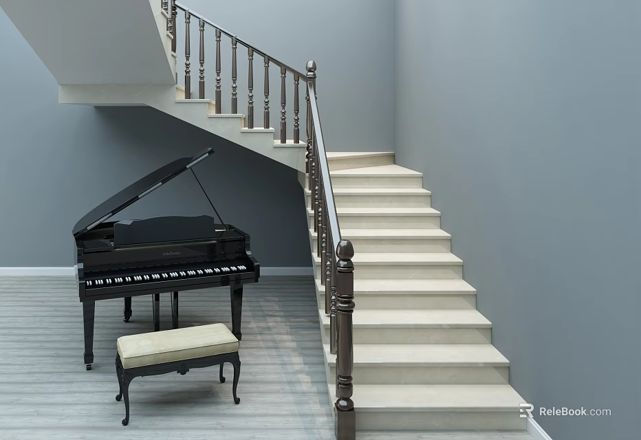 Staircase Featuring Metal Railing Light Colored Steps Near Black Piano Gray Walls Wooden Flooring 3d model 