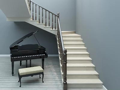 Staircase Featuring Metal Railing Light Colored Steps Near Black Piano Gray Walls Wooden Flooring 3d model