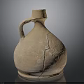 Hand Carved Terracotta Ceramic Jar Sculpture With Handle And Cracked Surface