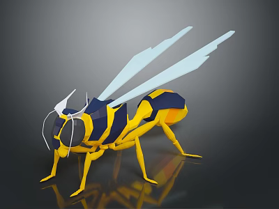 Yellow And Blue Striped Wasp With Light Colored Wings On Dark Background Geometric Design Reflection 3d model