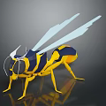 Yellow And Blue Striped Wasp With Light Colored Wings On Dark Background Geometric Design Reflection