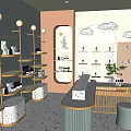 Modern Store Interior With Shelves Of Products Counter Plant And Cloud Wall Decor
