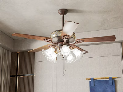 Ceiling Fan with Wooden Blades Decorative Lampshades and Crystal Decorations in Indoor Space 3d model