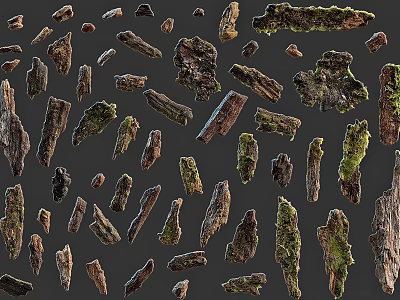 Wood Carvings in Various Shapes and Sizes with Moss Details 3d model