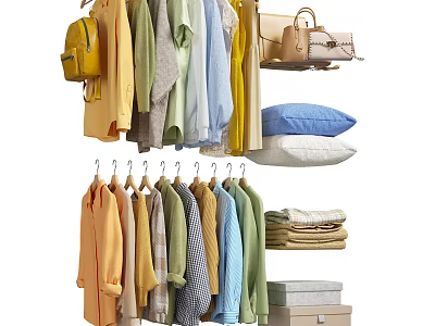 Hanging Clothes With Various Colors And Storage Items Like Bags Pillows Towels Boxes 3d model