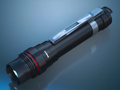Black Flashlight With Non Slip Grip Silver Clip Red Ring And Bright LED Light 3d model