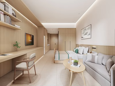 Modern Hotel Guest Room Interior With Comfortable Bed Sofa TV Wooden Desk And Decorative Elements 3d model