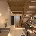 Cozy Indoor Space with Wooden Stairs Bamboo Railings Pendant Lights Open Layout and Stone Flooring