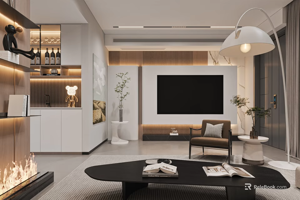 Modern Living Room Interior With Fireplace Armchair Black Coffee Table Wine Cabinet And Plants 3d model 