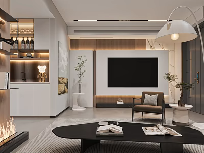 Modern Living Room Interior With Fireplace Armchair Black Coffee Table Wine Cabinet And Plants 3d model