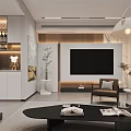 Modern Living Room Interior With Fireplace Armchair Black Coffee Table Wine Cabinet And Plants