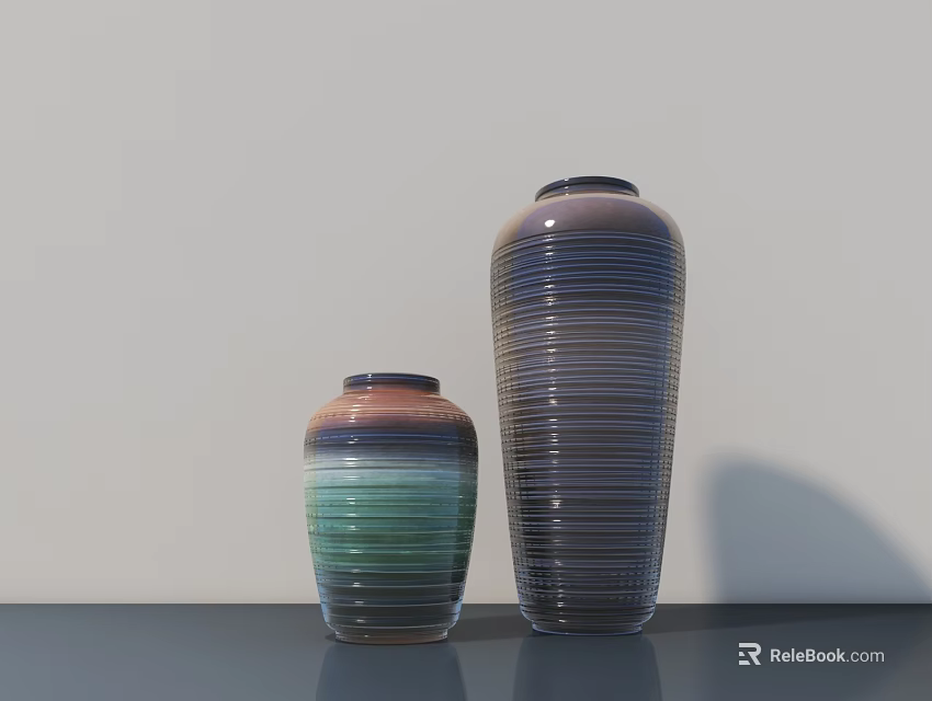 Two Decorative Ceramic Vases Different Sizes Gradient Colors Striped Patterns On Dark Tabletop 3d model
