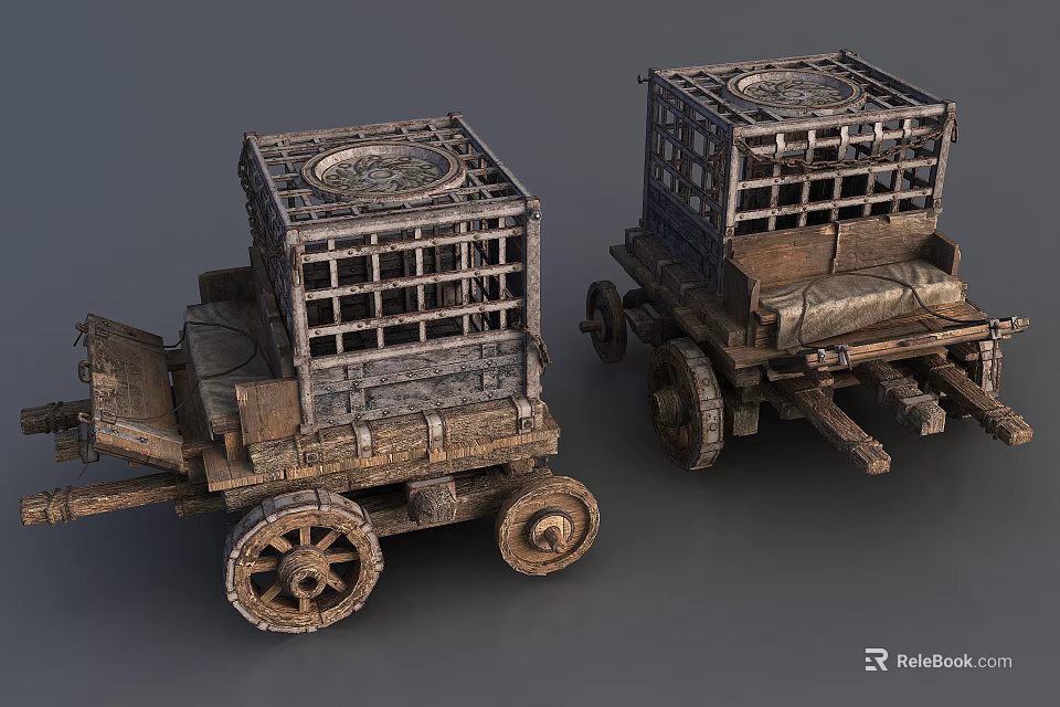 Vintage Old Wooden Carts with Cage Structures and Weathered Wheels 3d model 