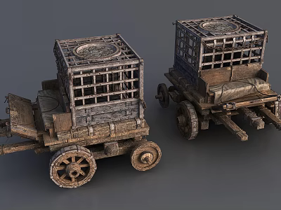 Vintage Old Wooden Carts with Cage Structures and Weathered Wheels 3d model