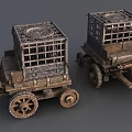 Vintage Old Wooden Carts with Cage Structures and Weathered Wheels