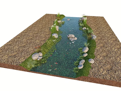 Waterfront Landscape Design With Flowing Stream Natural Stones Green Grass And Plants 3d model