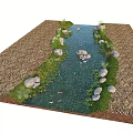 Waterfront Landscape Design With Flowing Stream Natural Stones Green Grass And Plants