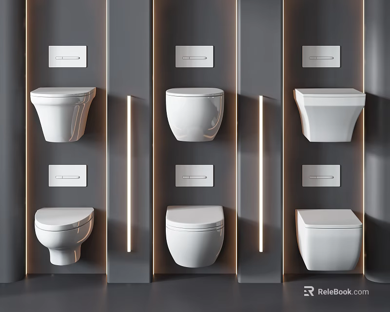 Modern White Wall Mounted Toilets in Grey Bathroom with LED Strip Lighting and Control Panels 3d model 